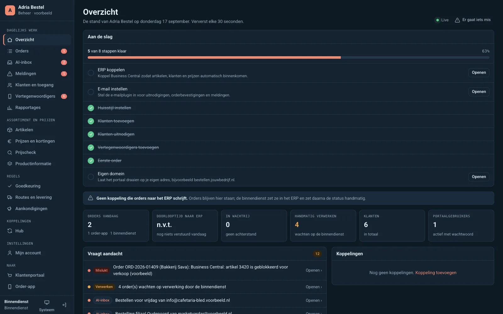 Kade Beheer: onboarding-stappen, orders vandaag en meldingen