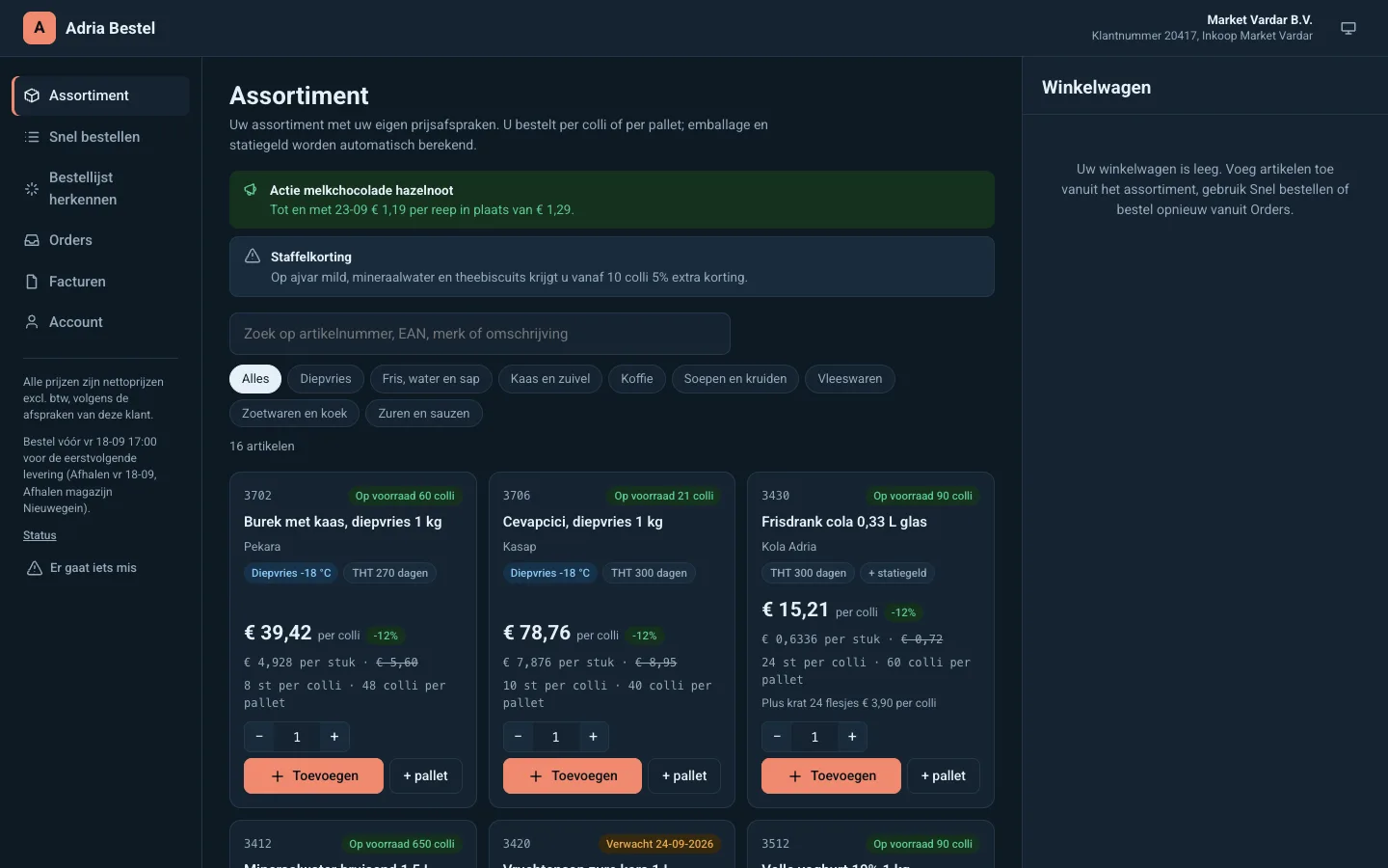 Kade klantenportaal: assortiment met nettoprijzen, staffelkorting en actie
