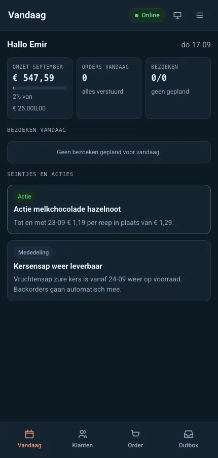 Kade order-app: dagoverzicht met omzetdoel, bezoeken en actuele acties