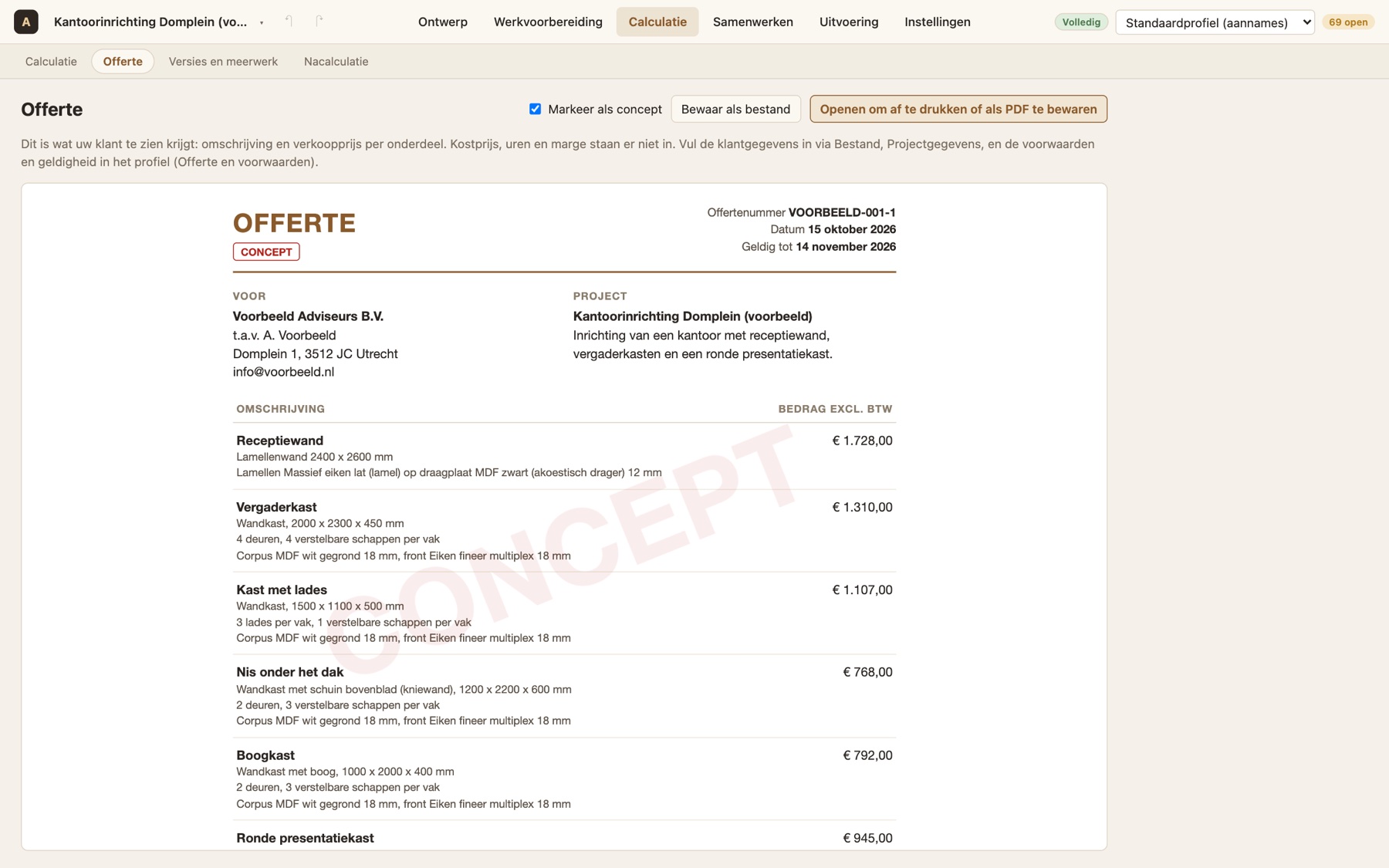 Offerte met omschrijving en prijs per onderdeel van een kantoorinrichting