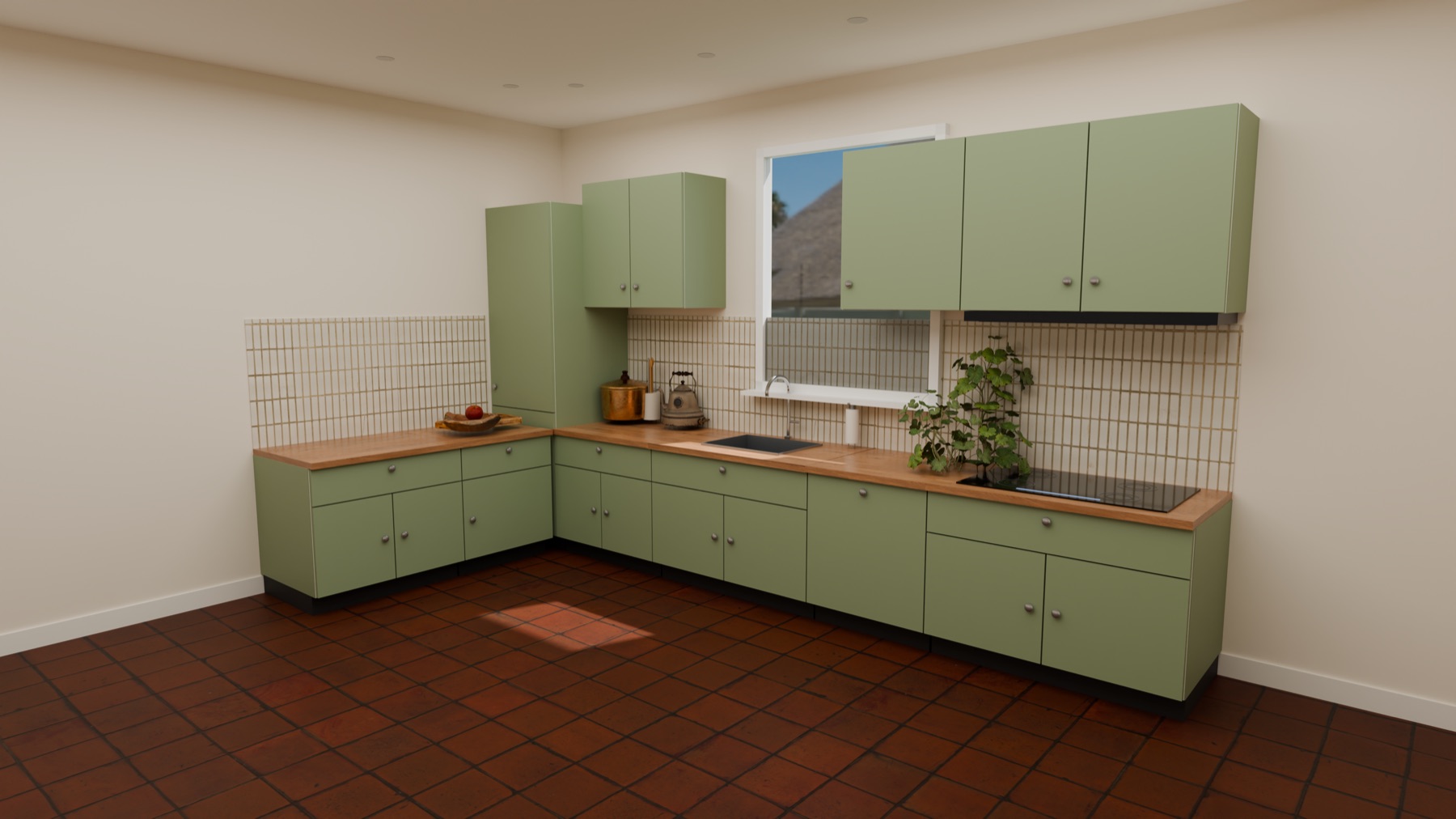 Photorealistic render of a country kitchen in sage green