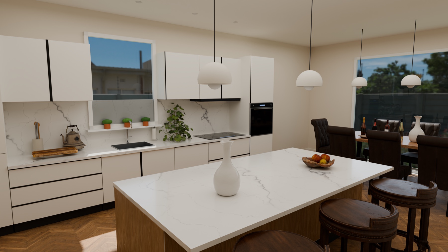 Bright Scandinavian kitchen as a photorealistic render