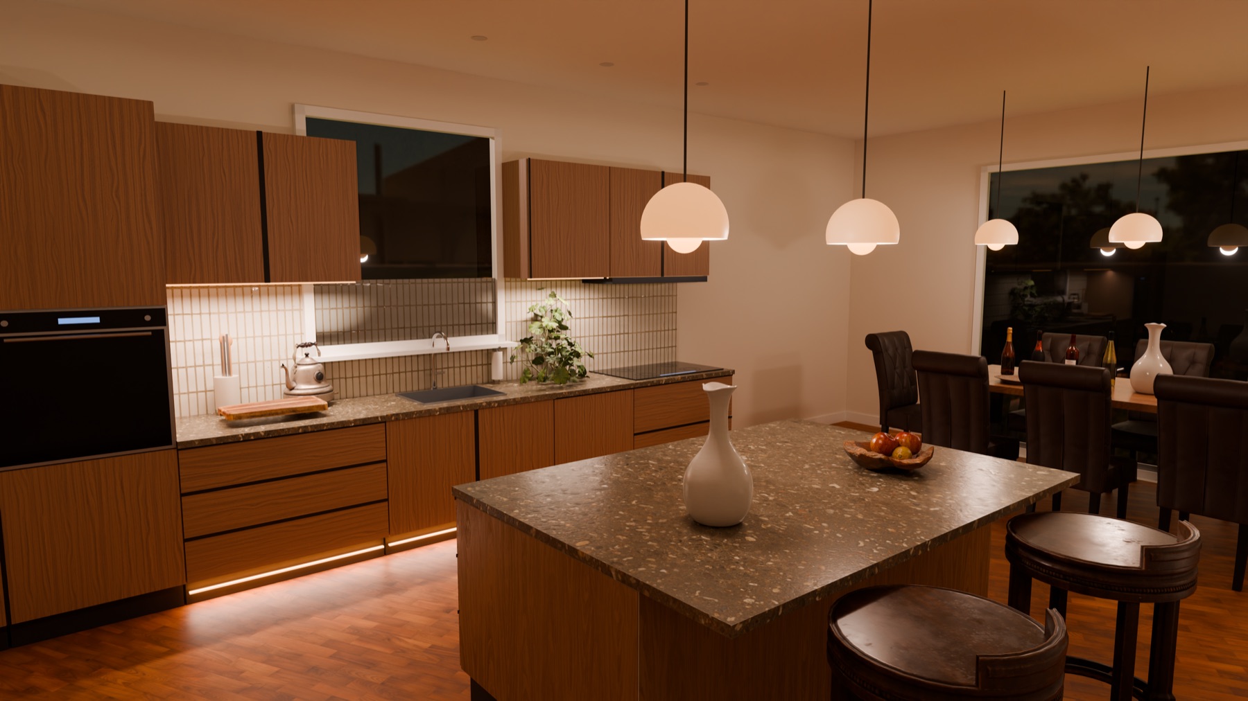 Evening image of a warm walnut kitchen with ambient lighting