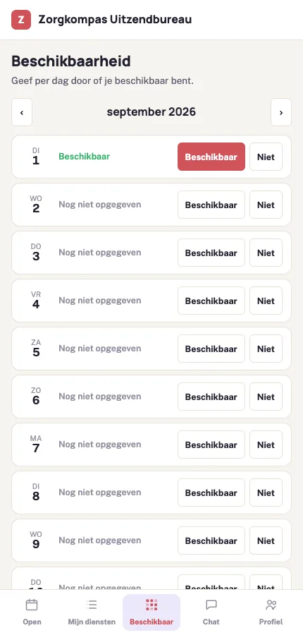 Shiftly flexwerker-app: beschikbaarheid per dag doorgeven